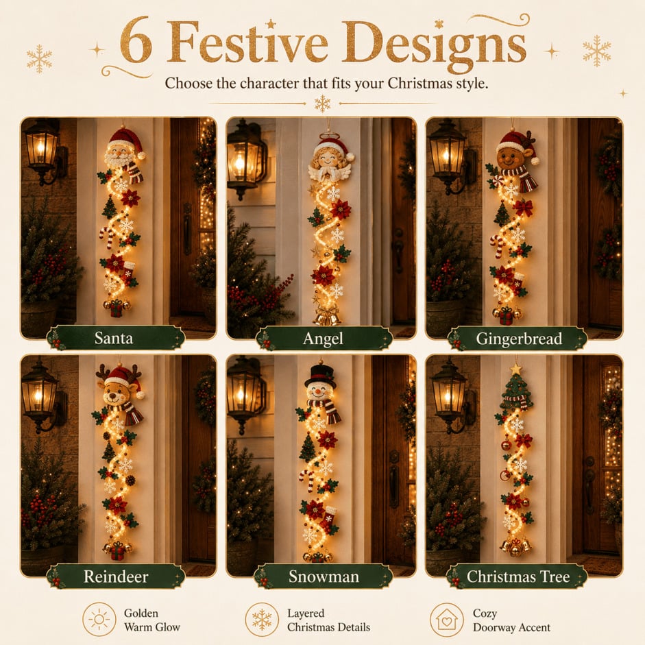 🎄 MerryCascade Leuchtender Weihnachts-Türhänger | 6 festliche Lichterdesigns, warmes Licht, 3D-Details und platzsparende vertikale Dekoration ✨